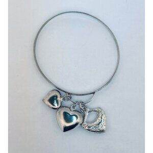 Estate 925 Sterling Silver Heart Charm Bangle Bracelet Size 7.5 Vintage Jewelry!